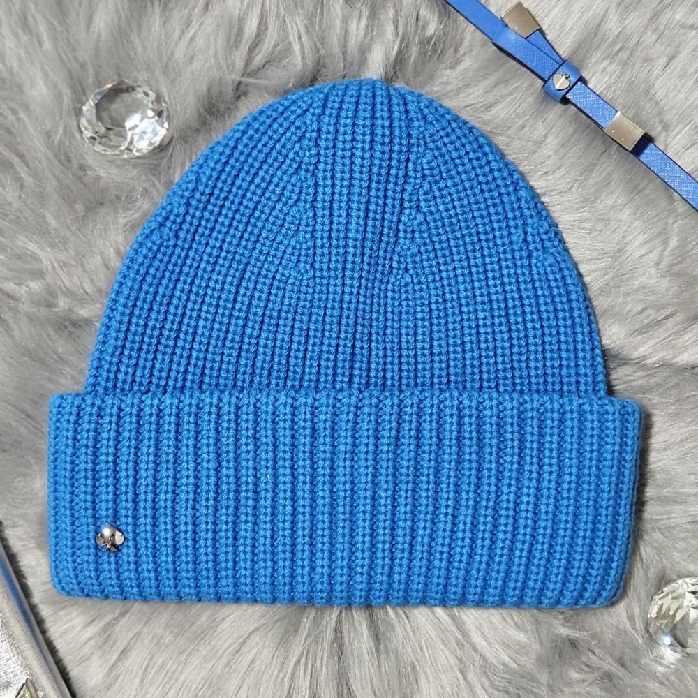 Kate Spade Hat Beanie Wool Blend Blue Bright Cerulean Knit Spade Cuff Preppy New